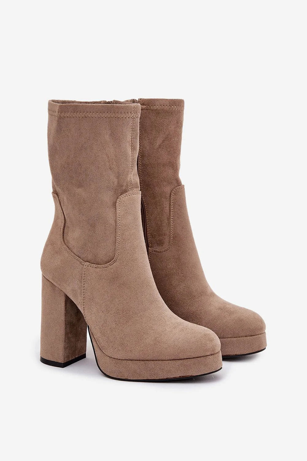 Bottines femme suédine taupe mi mollet talon carré haut 11cm plateforme intégrée bout arrondi fermeture éclair doublée fourrure chaude