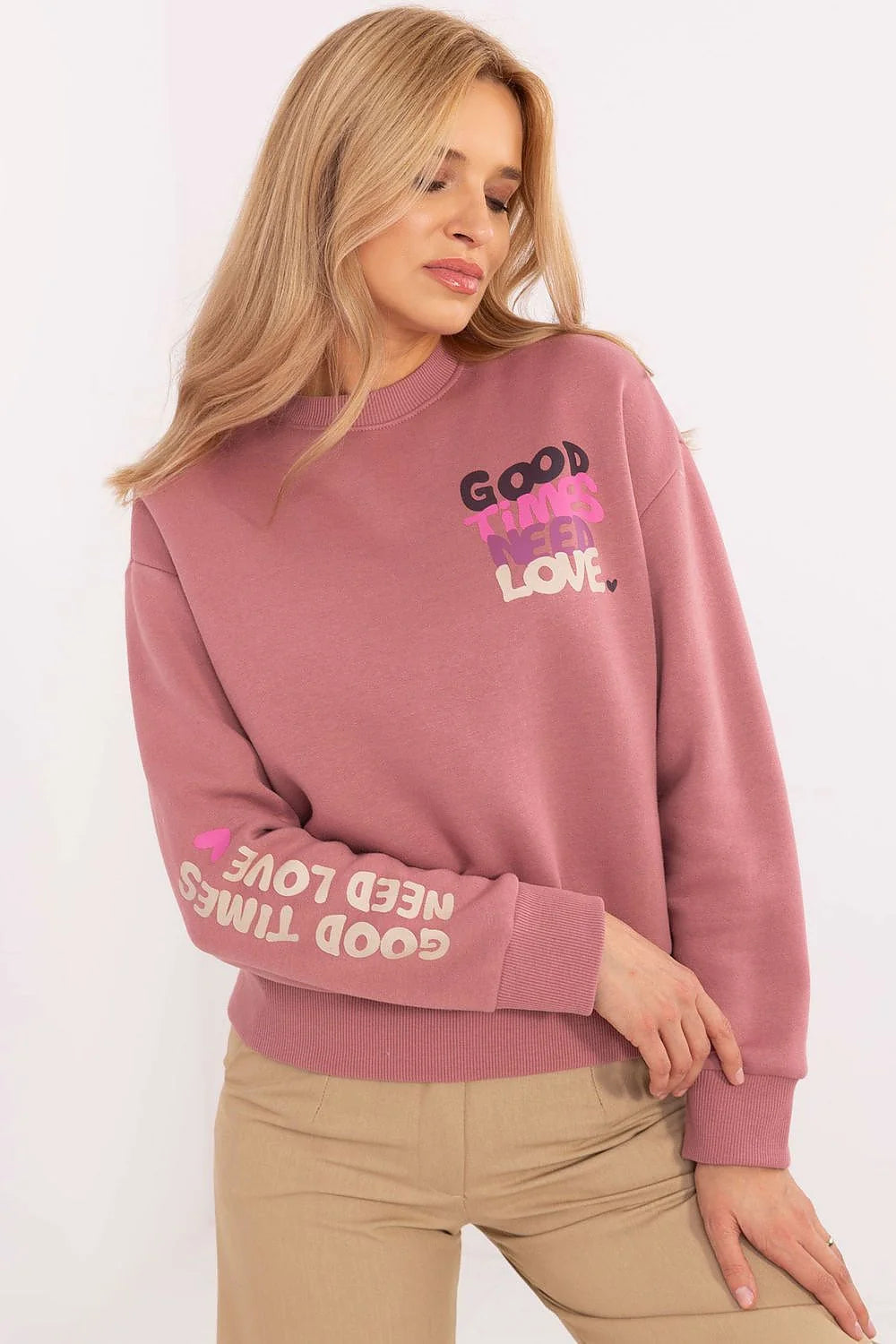 Sweatshirt pour femme moderne couleur rose vieux rose manches longues message GOOD TIMES NEED LOVE en coton polyester