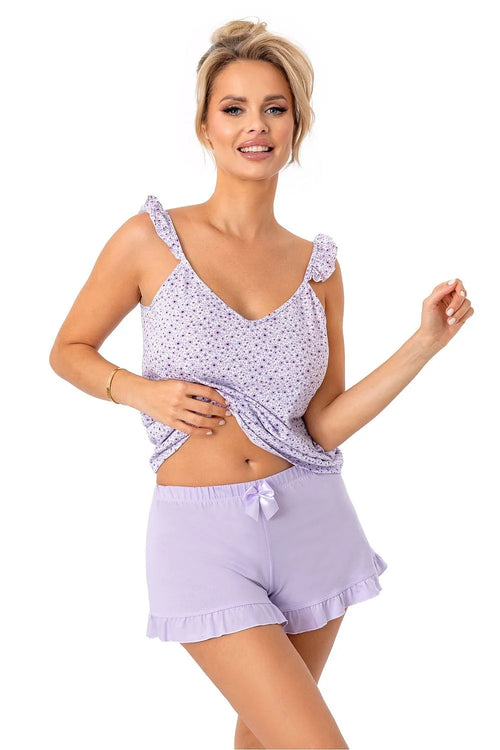 pyjama femme confort romantique débardeur short décolleté V bretelles nouées volants ourlet lavande violet floral nœud satiné taille élastique sac