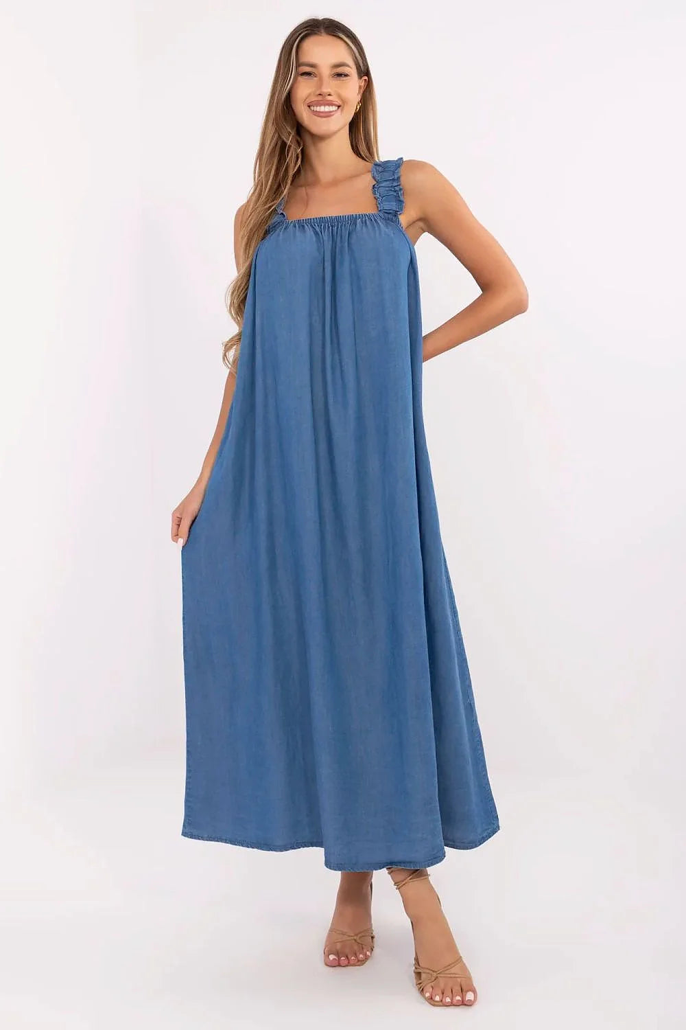 Robe été oversize jeans bleu denim longue élastiques fronces dos carré femme mode intemporelle