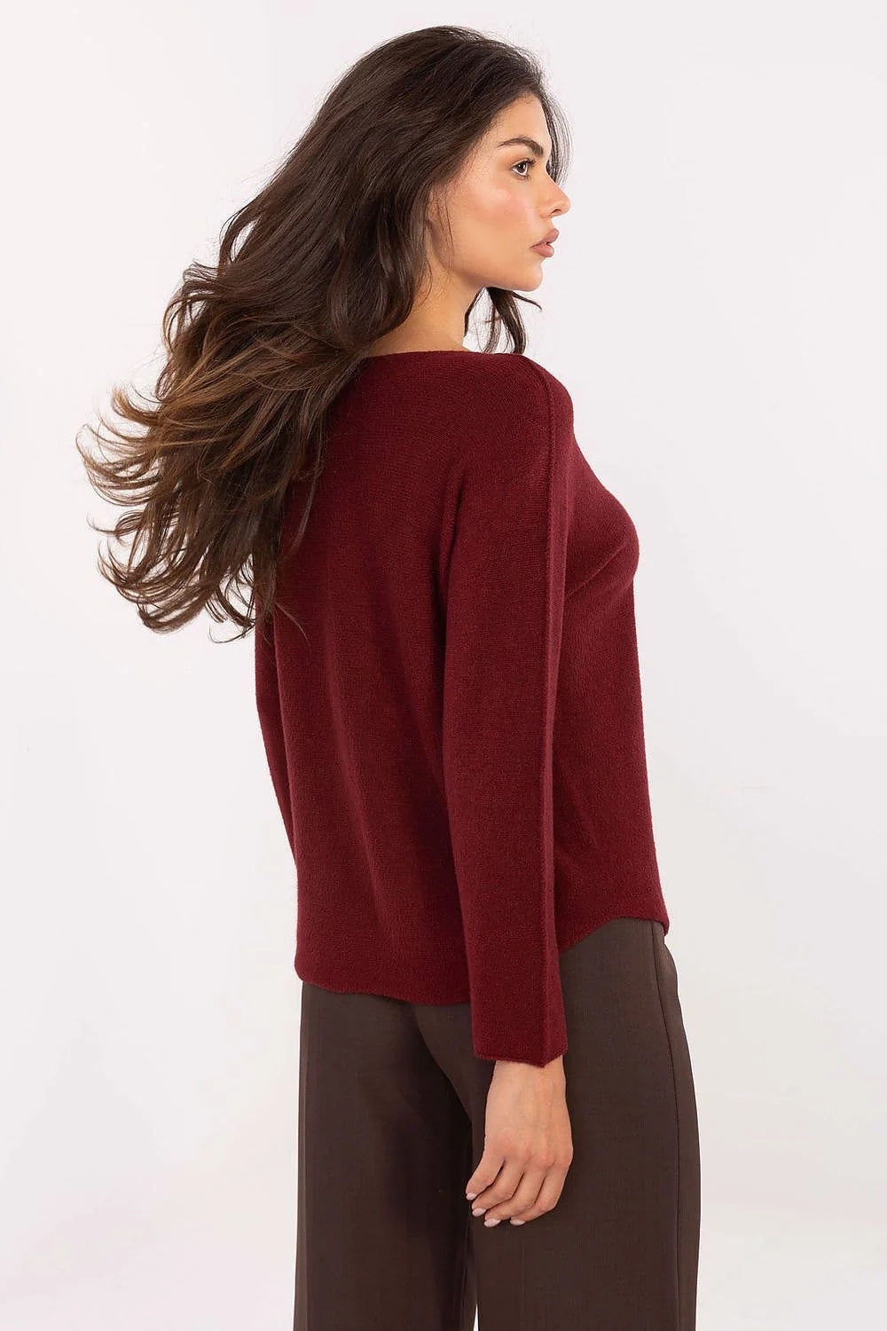 pull femme bordeaux maille fine col rond manches longues coupe droite hanches réversible confortable polyvalent casual chic viscose polyester nylon