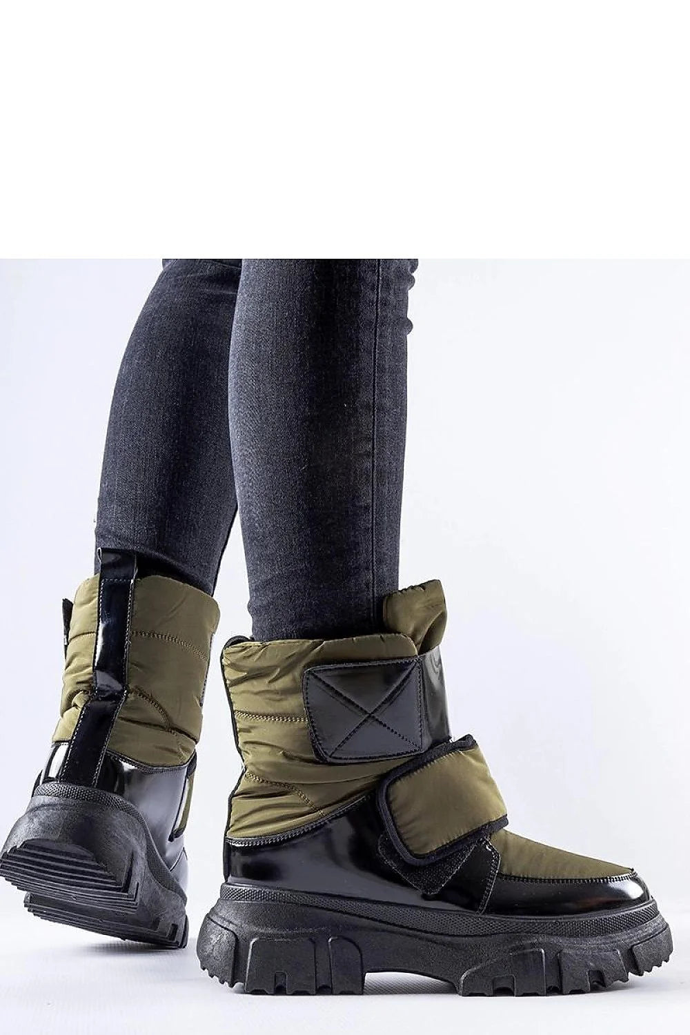 bottes neige Hutchinson vertes matelassées doublées montantes velcro similicuir vernies semelle plateforme crantée antidérapante isolantes chaudes urbaines