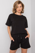 Ensemble été blouse et shorts femme coton polyester style urbain décontracté confortable coupe ample poches noire