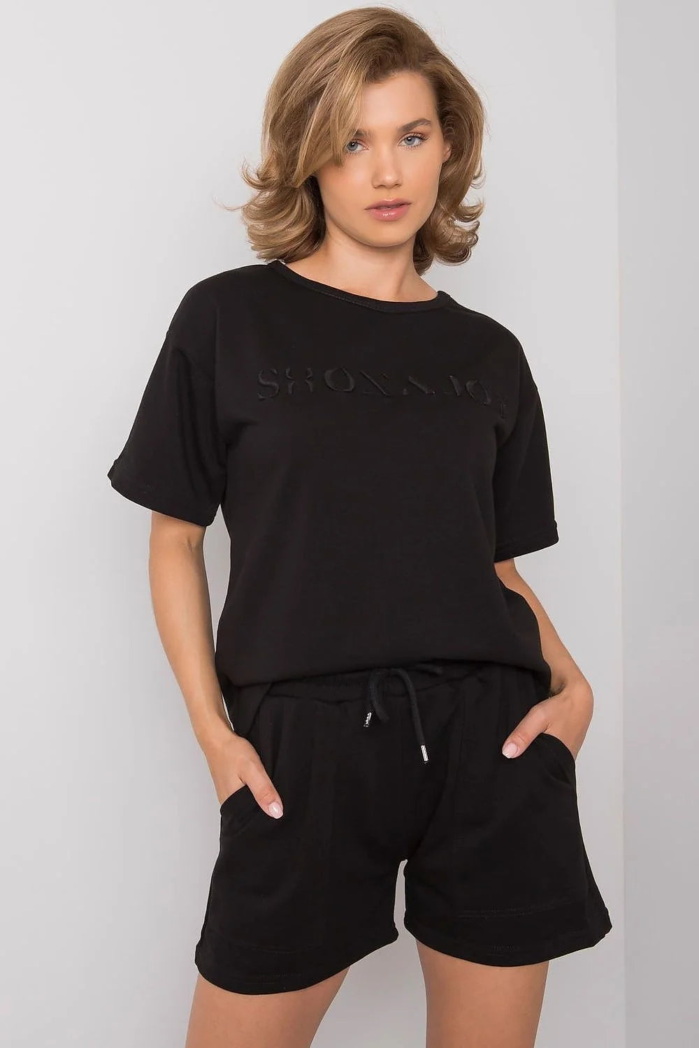 Ensemble été blouse et shorts femme coton polyester style urbain décontracté confortable coupe ample poches noire