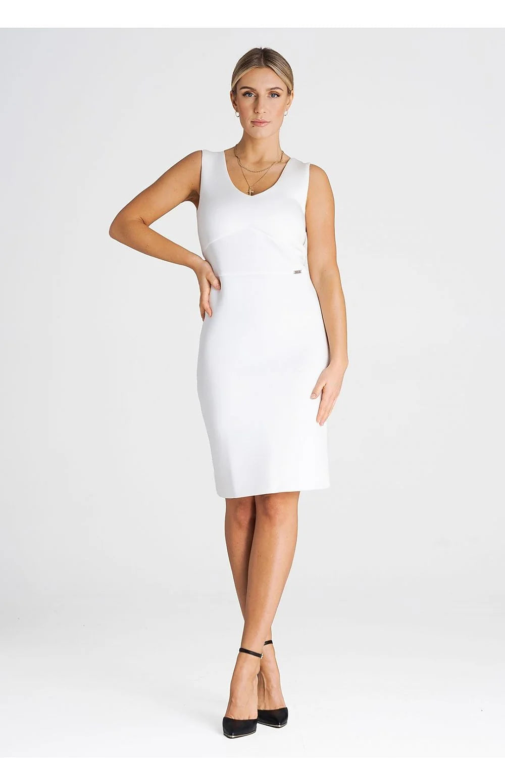 Robe de soirée élégante sans manches encolure V longueur genou métal blanc femme polyester ajustée