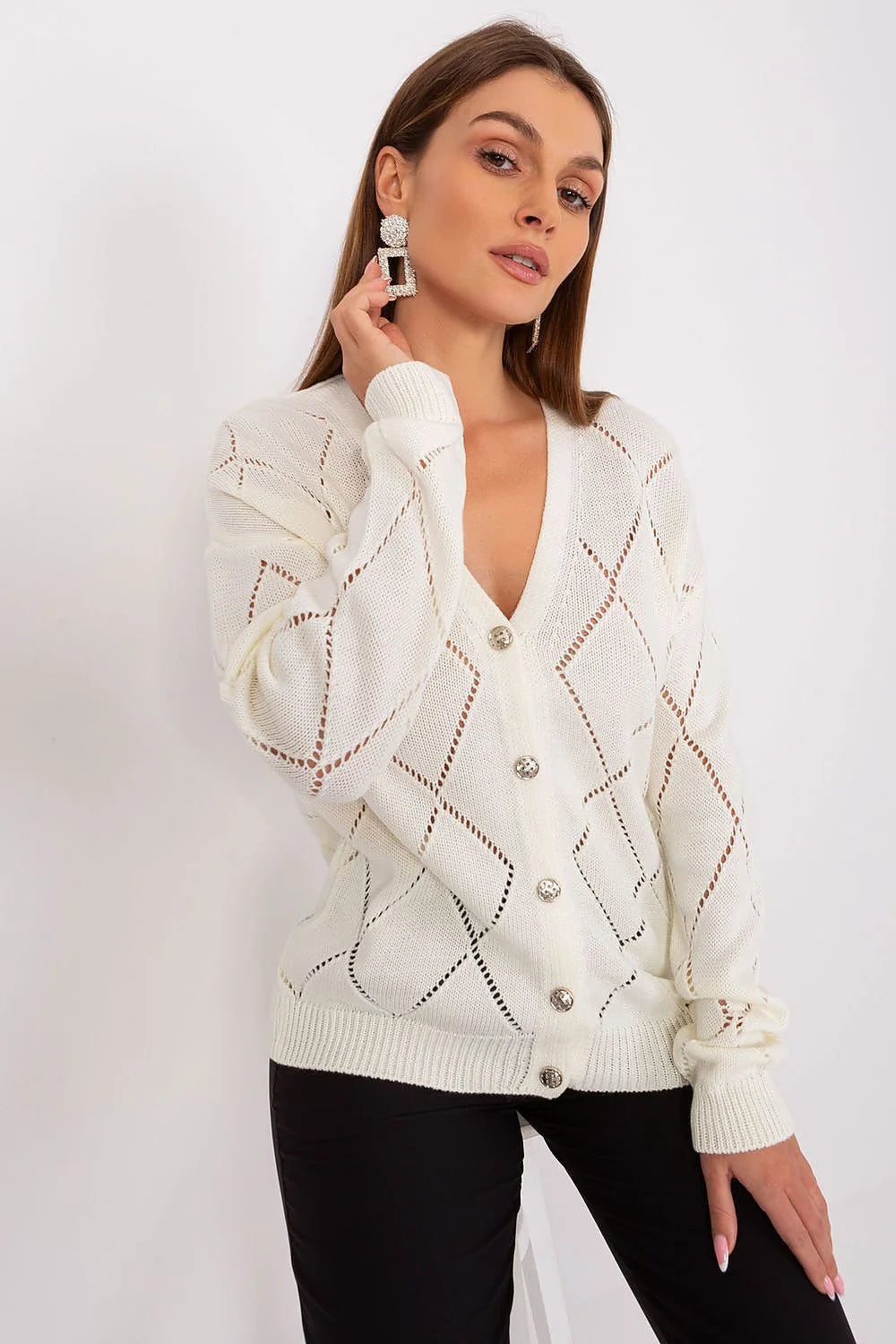 Cardigan Rue Paris pour femme en tricot léger, style élégant, encolure en V, manches longues, boutons contrastants, idéal pour les occasions décontractées ou semi-formelles