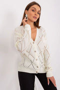 Cardigan Rue Paris pour femme en tricot léger, style élégant, encolure en V, manches longues, boutons contrastants, idéal pour les occasions décontractées ou semi-formelles