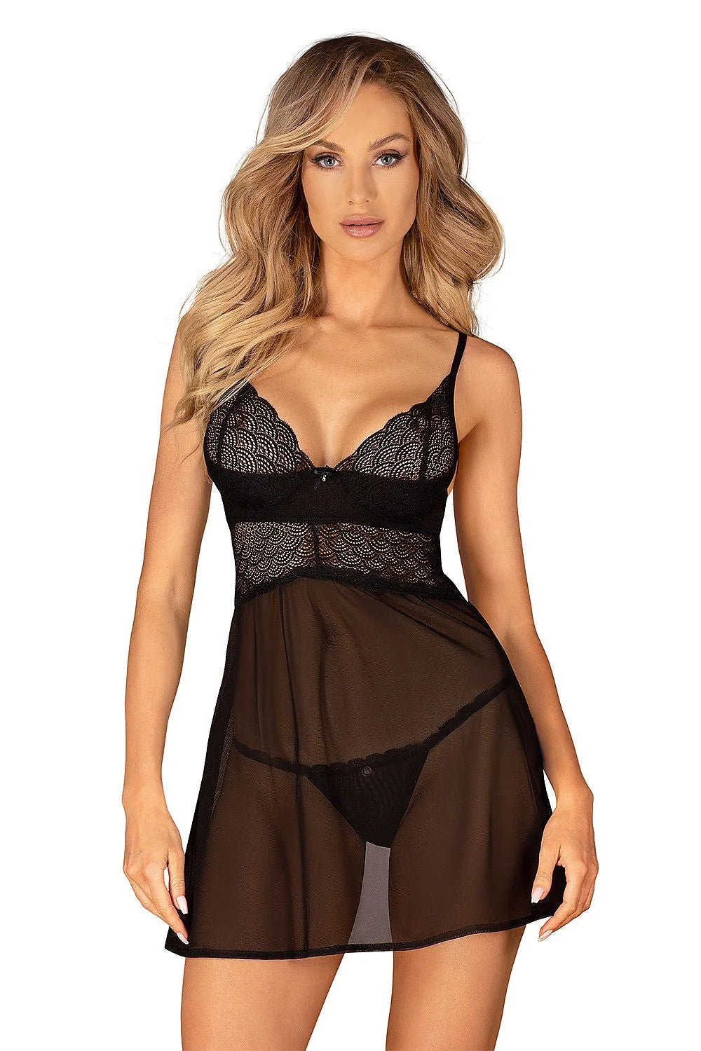 L'ensemble sexy Obsessive NUIT ÉVASÉE DENTELLE NOIRE STRING TRANSPARENCE TAILLE AJUSTABLE lingerie féminine élégante