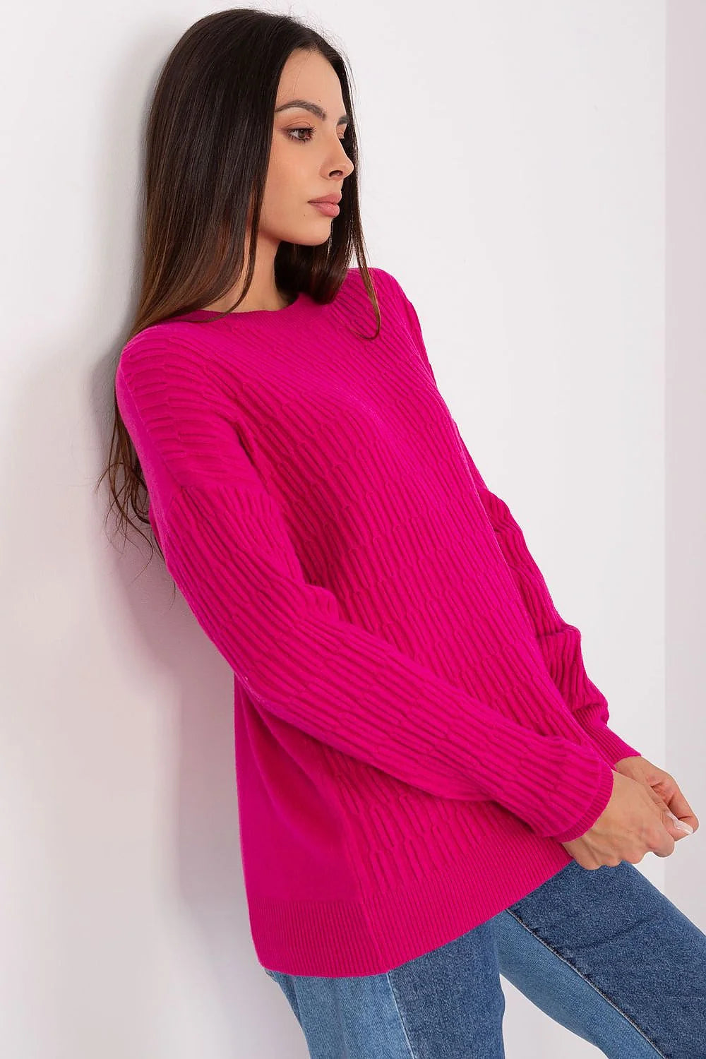 pull tricoté femme manches longues côtelé fuchsia oversize col rond coupe droite ample maille douce viscose