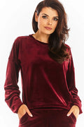 Sweatshirt femme velours bordeaux casual-chic confortable manches longues col rond mode automne élégance