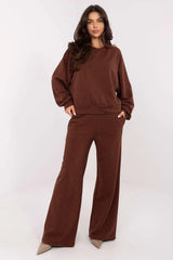 pantalon survêtement wide leg taille haute ceinture nouée poches latérales coton polyester molleton doux marron cacao