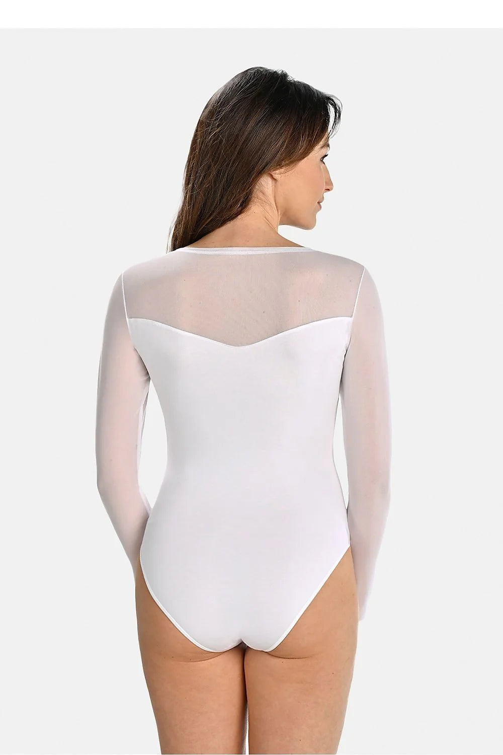 body blanc manches longues viscose élasthanne stretch opaque mesh transparent buste bras décolleté coeur ajusté moulant confortable doux extensible