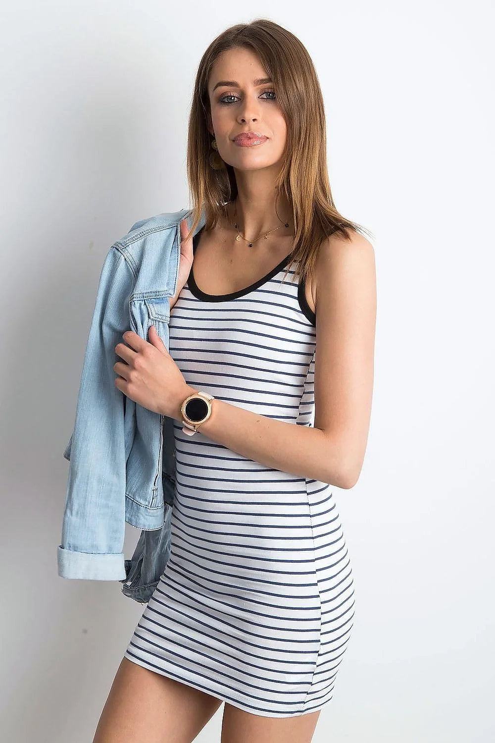 Robe sans manches pour femme rayures horizontales jersey coton 100 % ajustée encolure arrondie finitions précises occasions multiples