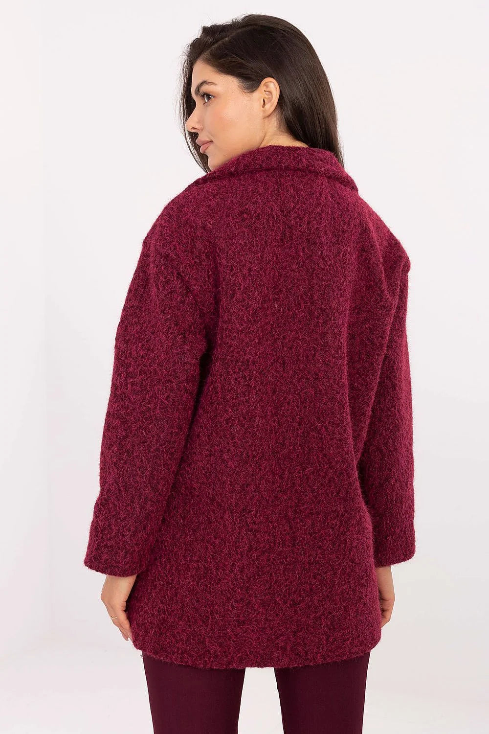 manteau femme mi long bouclé bordeaux coupe droite oversize col tailleur manches longues boutons dorés poches latérales chaud