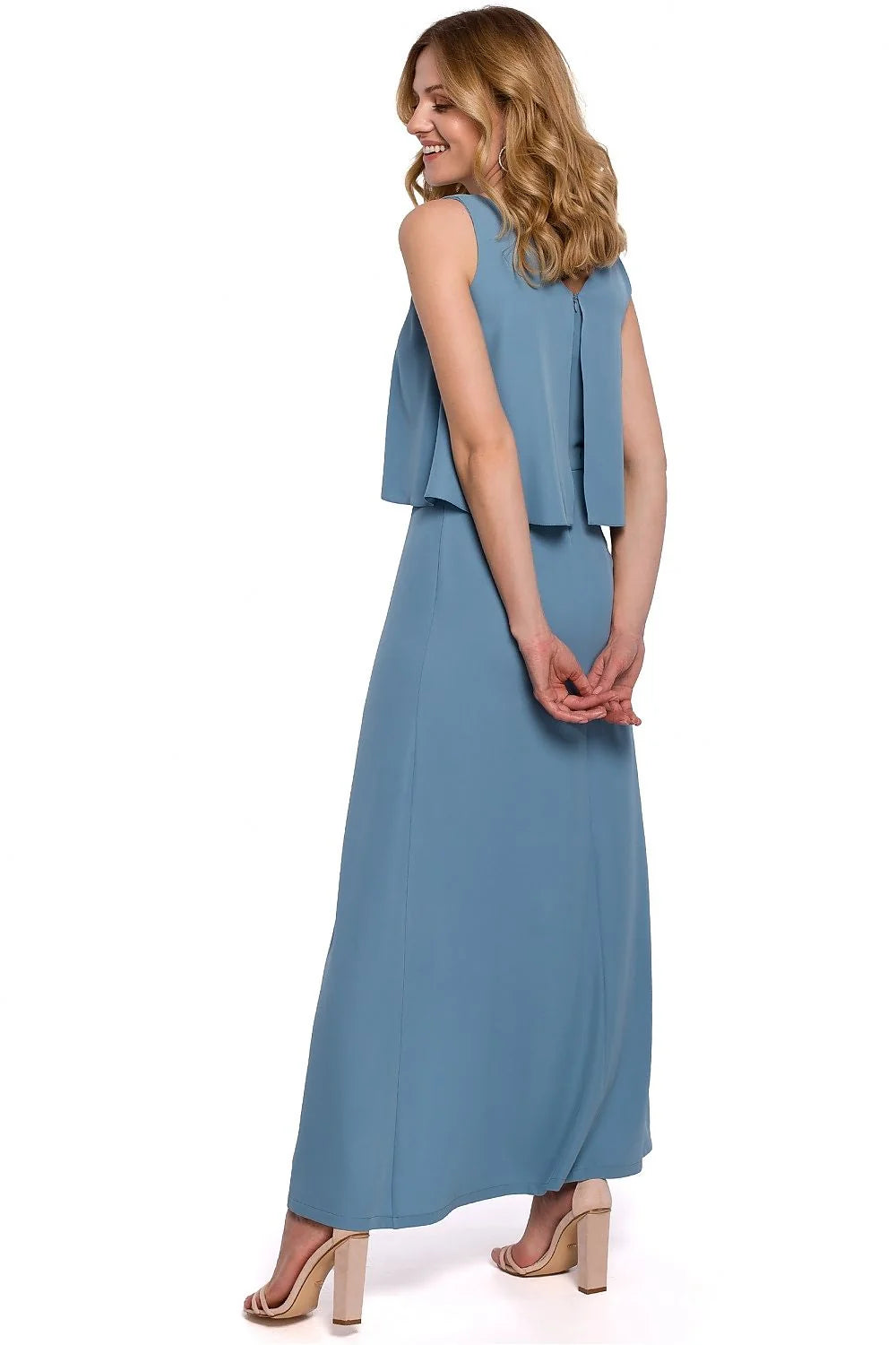 Robe cocktail polyester élasthanne longue corail sans manches élégante moderne fente latérale femme soirées