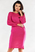 robe soirée élégante fuchsia pailletée stretch coupe ajustée midi encolure ronde manches longues bouffantes poignets élastiqués taille élastique cintrée soyeuse