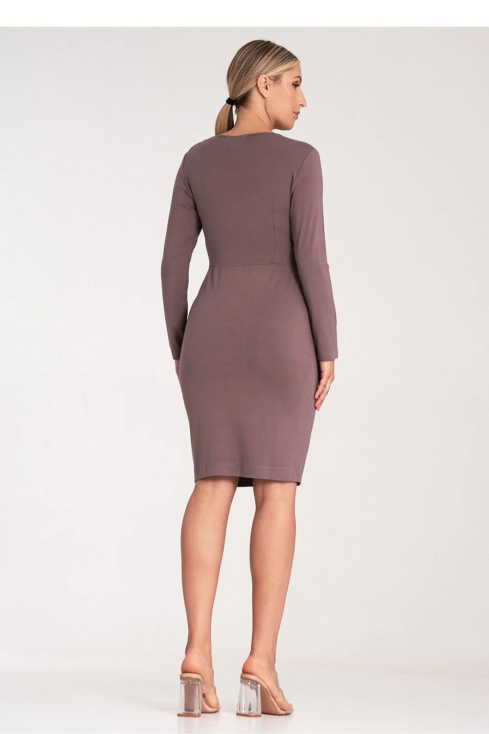 Robe de jour élégante taupe à manches longues pour femme, coupe ajustée, ceinture intégrée, occasions formelles