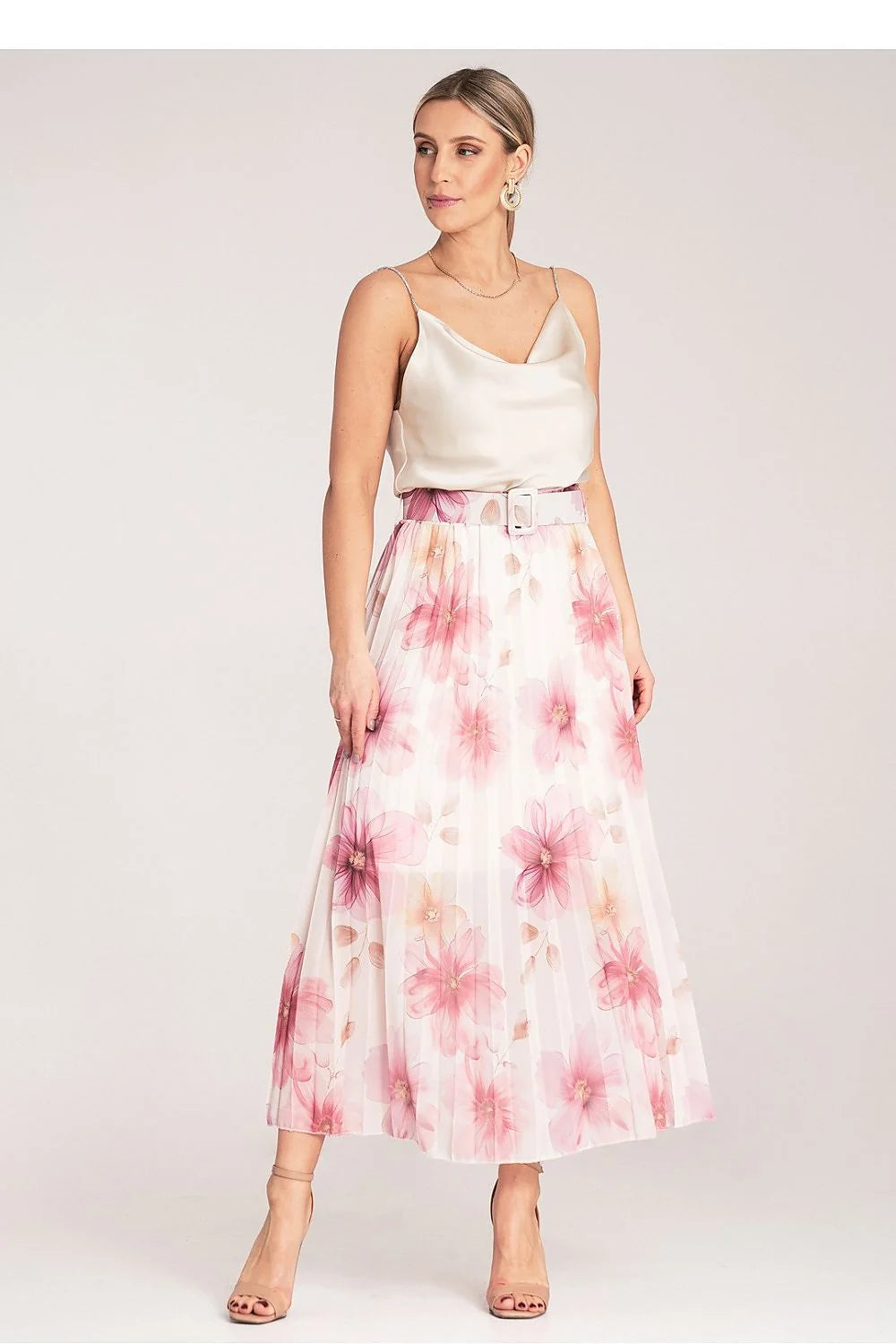 Jupe Figl midi plissée motif floral tissu léger taille haute ceinture ajustable tissu viscose élasthanne polyester femme élégance moderne romantique