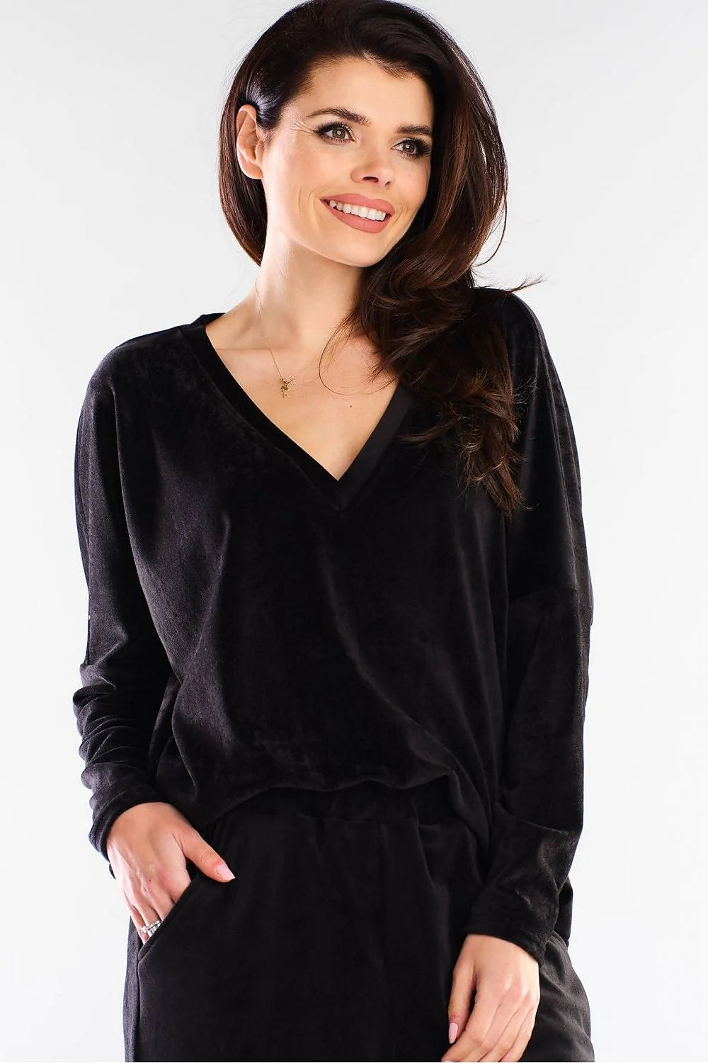 Sweatshirt femme en velours rose vif col V confortable manches longues style décontracté moderne