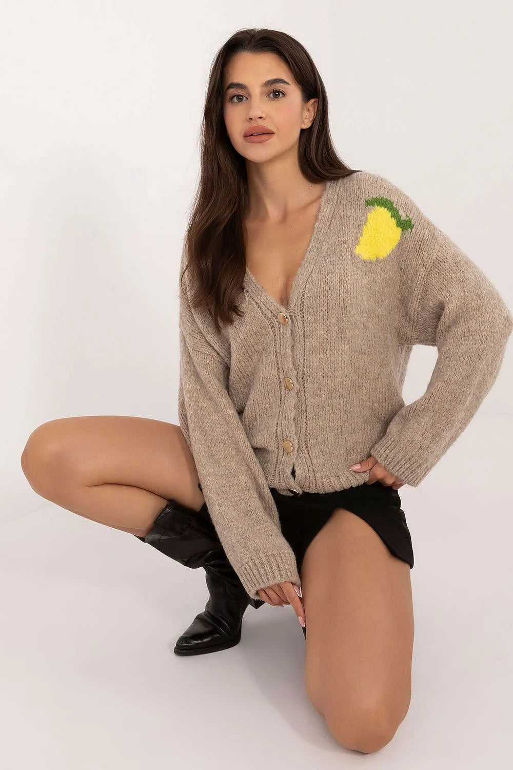 Cardigan Italie mode femme décontracté V-neck longues manches imprimé citron tricot acrylique viscose lin polyamide