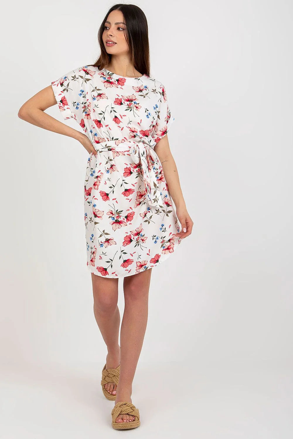Robe d'été à manches courtes encolure ronde motif floral ceinture nouable tissu respirant femme élégance décontractée plage ville occasion estivale