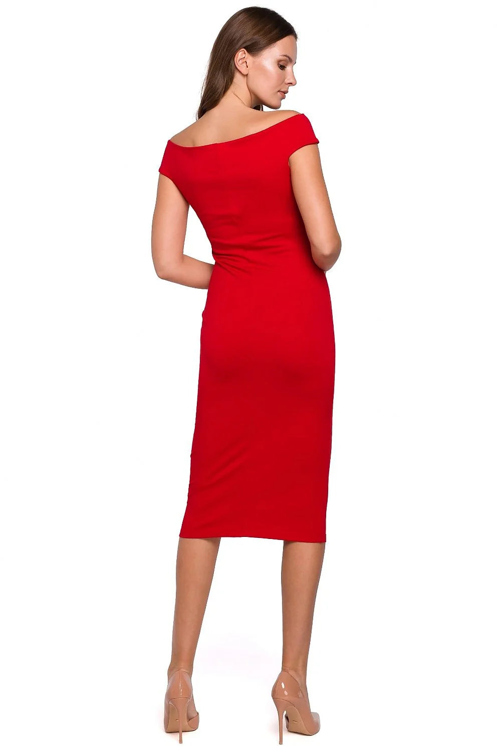 robe midi fourreau bodycon jersey stretch marron foncé bardot épaules dénudées coupe crayon ajustée mi mollet élégante sophistiquée confortable extensible