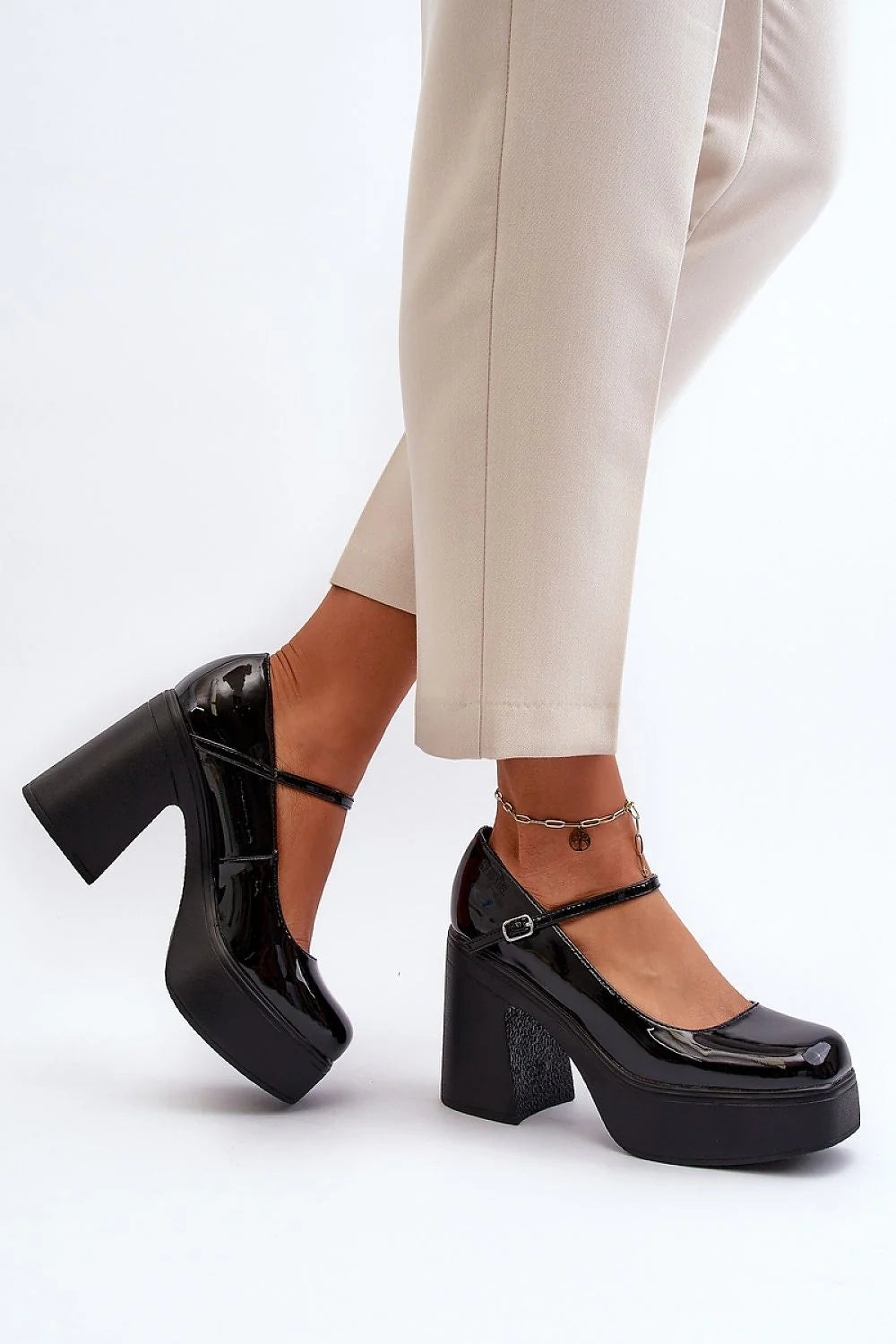 Escarpins rétro Mary Jane plateforme talon carré cuir verni noir luxe femmes occasionnels élégance mode