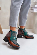 bottines femme Maciejka cuir marron empiècements suédés verts empeigne mesh gris bout rond bride métallique mors talon bloc semelle crantée