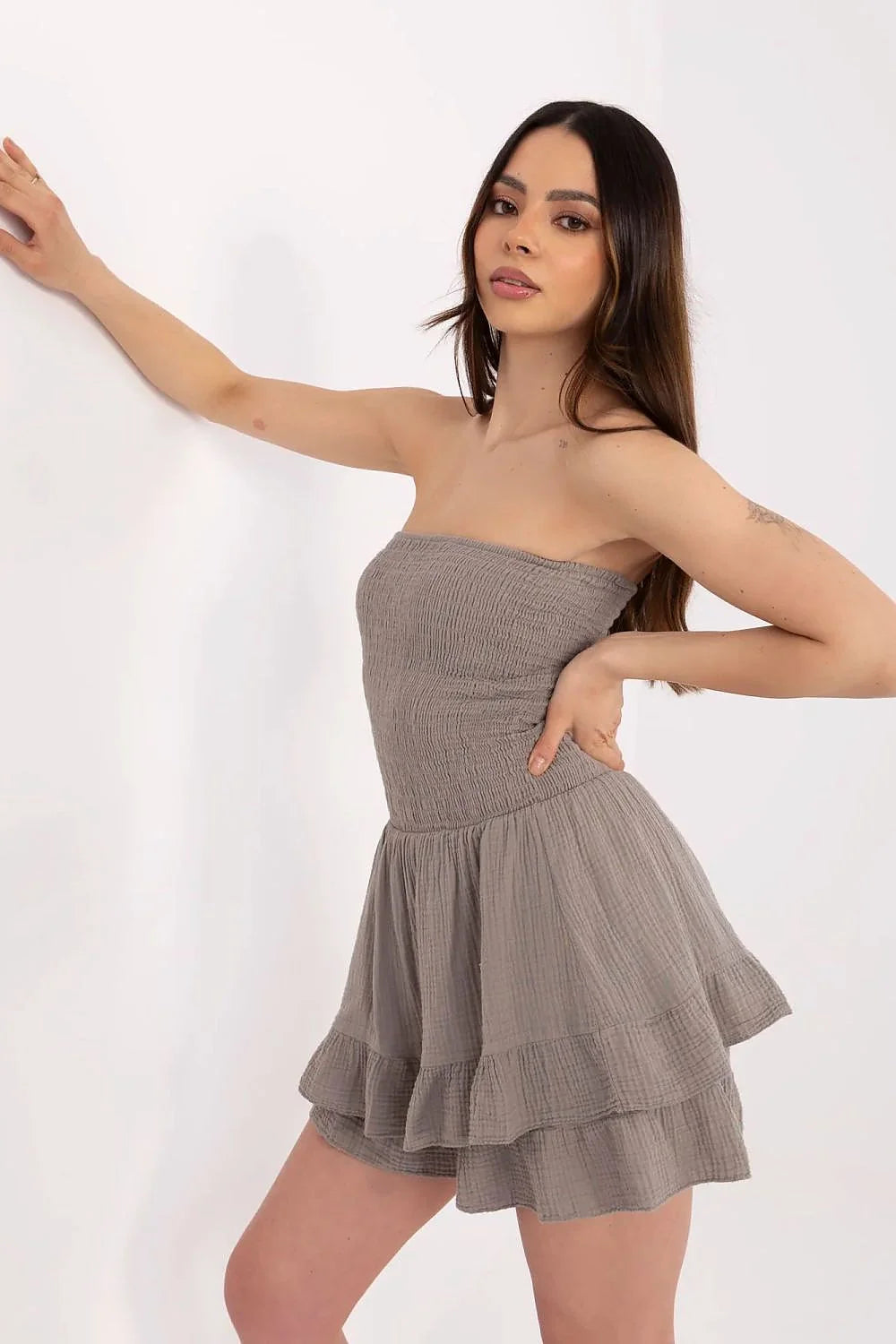 Robe élégante pour femme été courte bustier coton doux taupe volants femme mode été