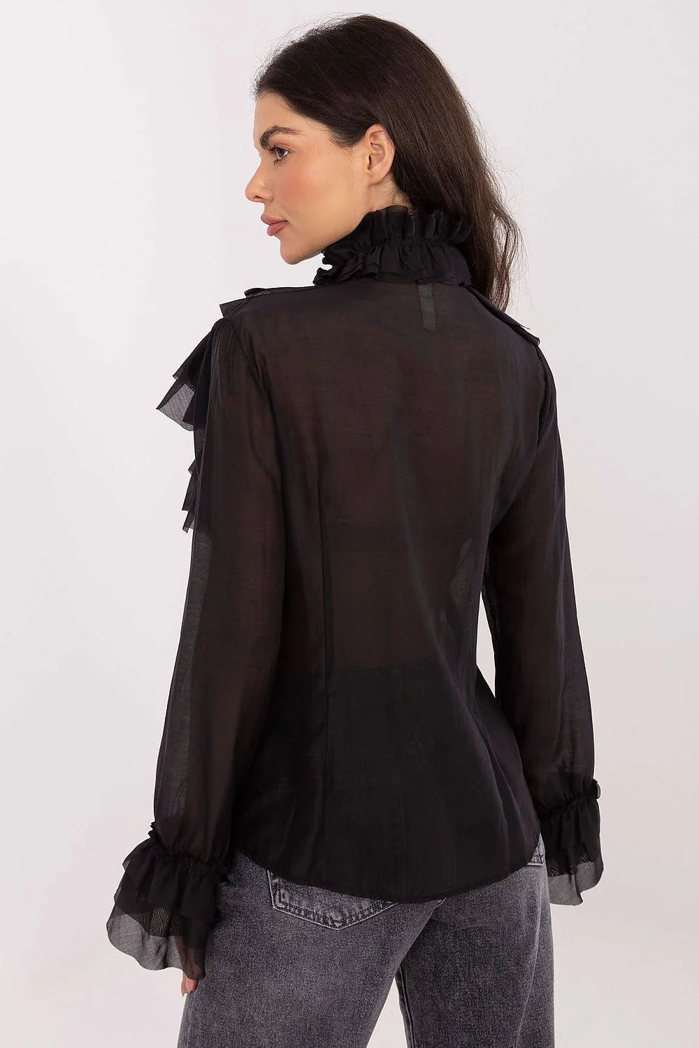 chemise femme noire col montant lavallière nouée plastron volants superposés manches longues poignets froncés mousseline semitransparente tencel polyester légère romantique
