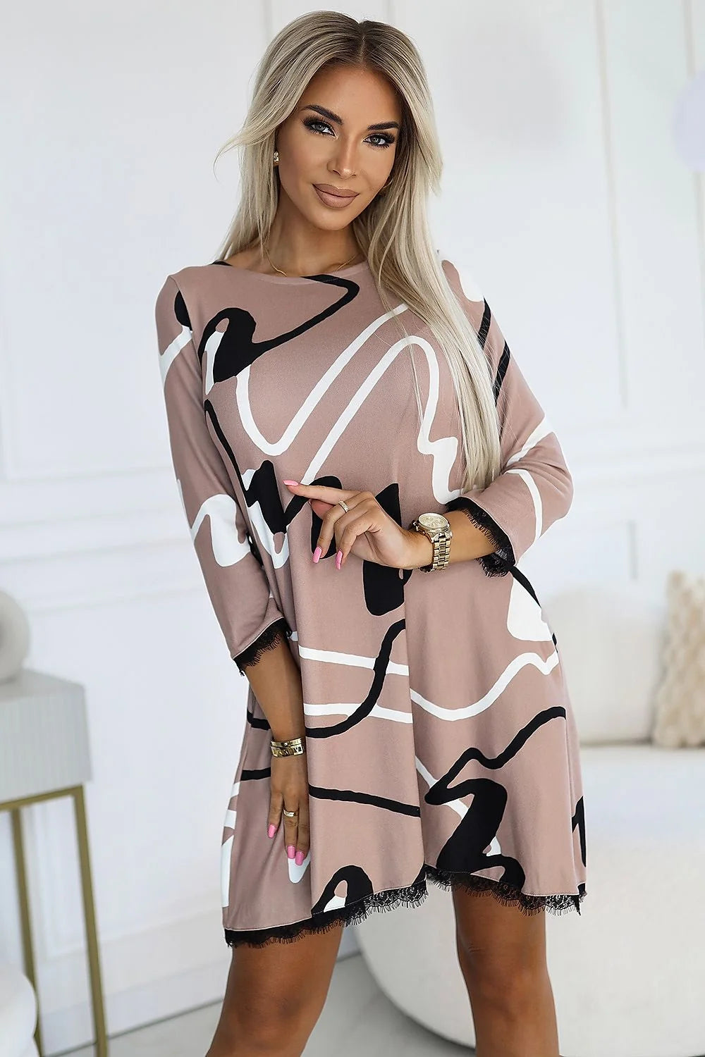 Robe de jour Numoco trapeze imprimé motif noir et blanc dentelle noire manches 3/4 confortable élégante taille 2XL/3XL femme
