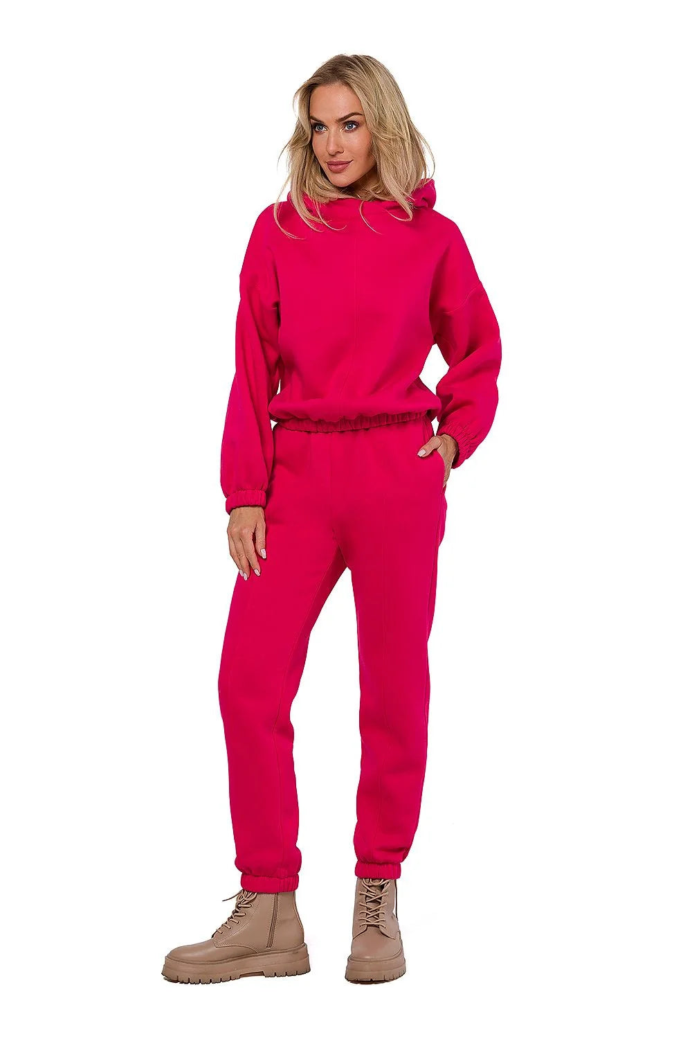 Sweatshirt Moe en maille drapé avec capuche et pantalon jogger assorti pour femme style décontracté couleur fuchsia taille élastique