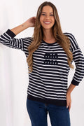 chemisier femme micromodal élasthanne confortable ajusté encolure ronde manches troisquarts coupe droite rayures horizontales bleu marine appliques poitrine côtier