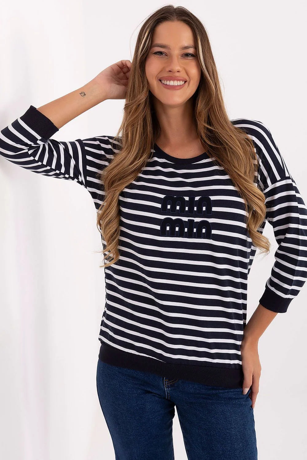 chemisier femme micromodal élasthanne confortable ajusté encolure ronde manches troisquarts coupe droite rayures horizontales bleu marine appliques poitrine côtier