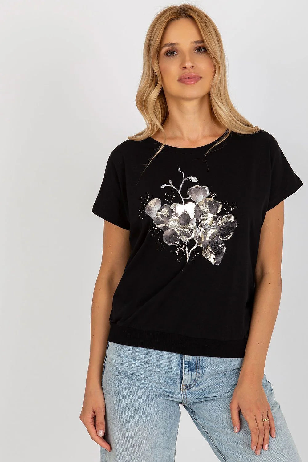 T-shirt femme Rue Paris floral métallisé manches courtes encolure ras du cou coupe ample