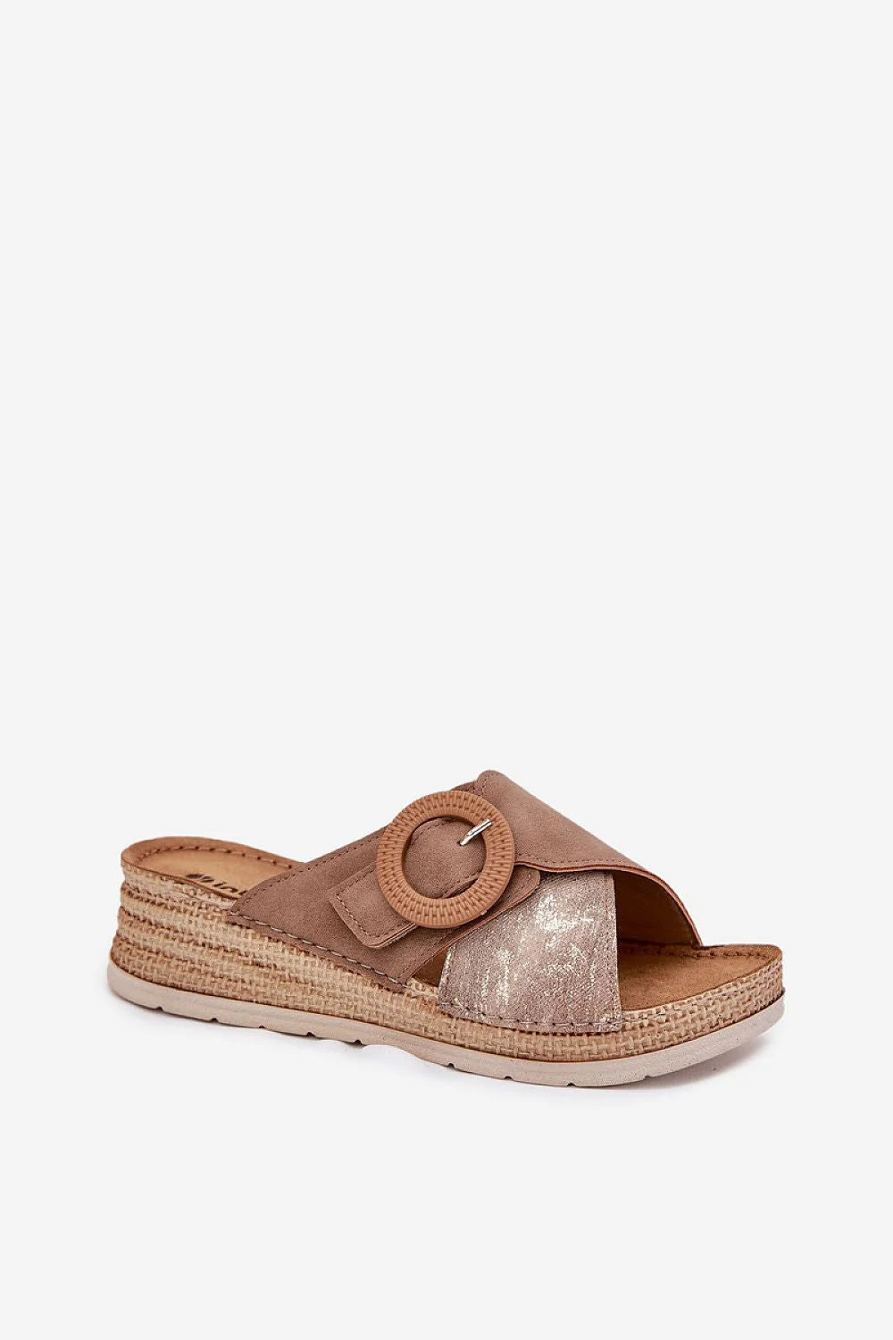 Sandales modernes estivales taupe brides larges boucle décorative semelle espadrille cuir artificiel 5cm talon doux style confort