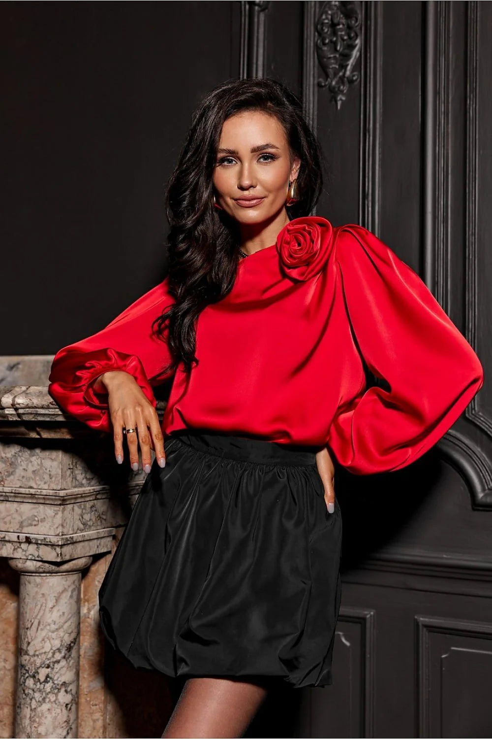 Chemisier Roco Fashion élégant satiné manches bouffantes rose décorative coupe ample confort féminine occasion spéciale