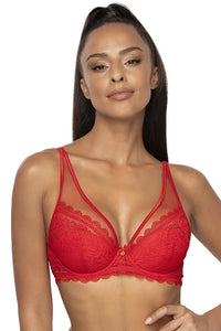 soutien gorge dentelle florale rouge balconnet plongeant pushup coques rembourrees armatures tulle festonnee bretelles doubles fines ajustables bijou dore