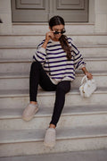 sweatshirt STREL rayures ecru bleu marine mariniere oversize femme coupe ample encolure ronde manches longues bouffantes jersey epais coton elasthanne
