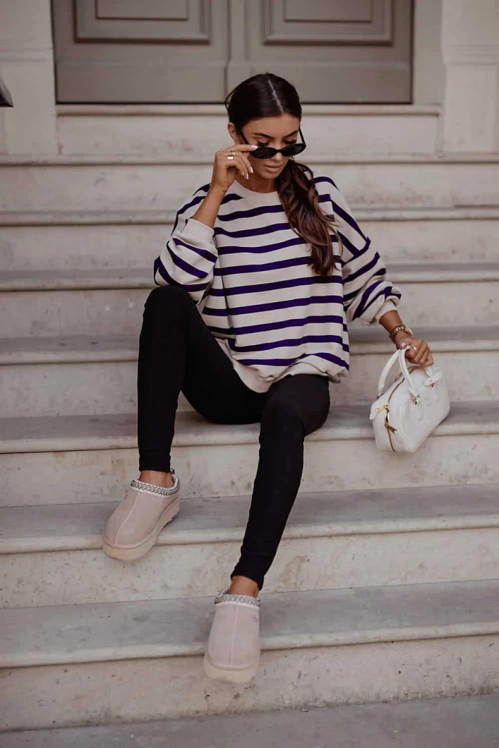 sweatshirt STREL rayures ecru bleu marine mariniere oversize femme coupe ample encolure ronde manches longues bouffantes jersey epais coton elasthanne
