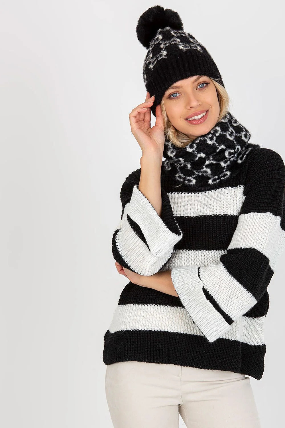 Ensemble hiver pour femme pull bonnet écharpe motif rayures animalier acrylique 100% chaleur confort