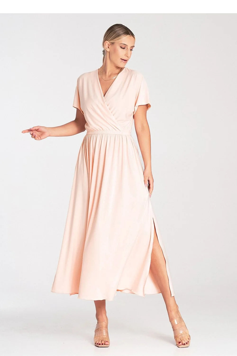 Robe élégante décontractée longue col en V croisé manches courtes taille élastiquée fente latérale pêche pastel femme