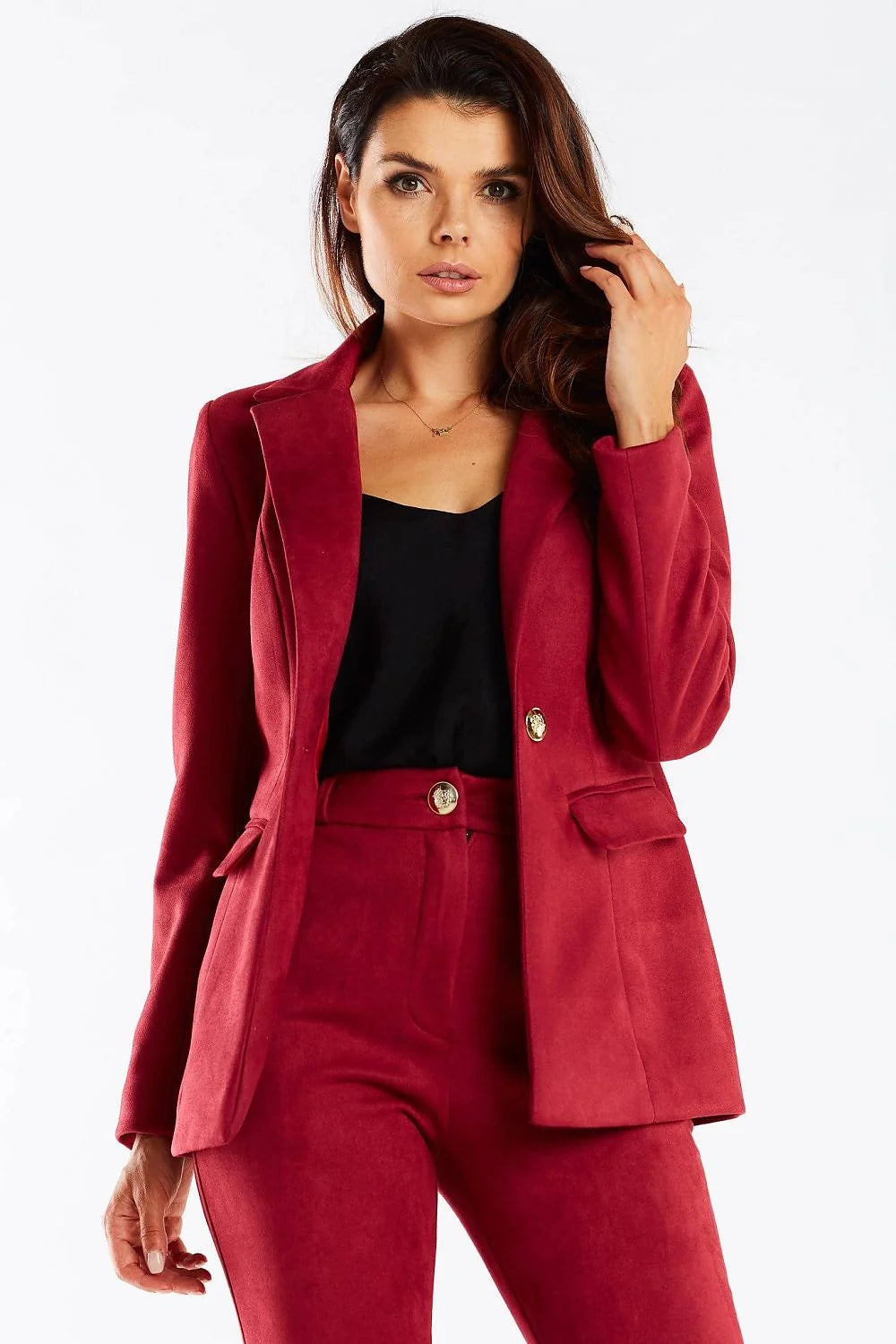 Blazer femme élégant coupe structurée style classique bouton doré col châle polyester élasthanne taille ajustable veste professionnelle