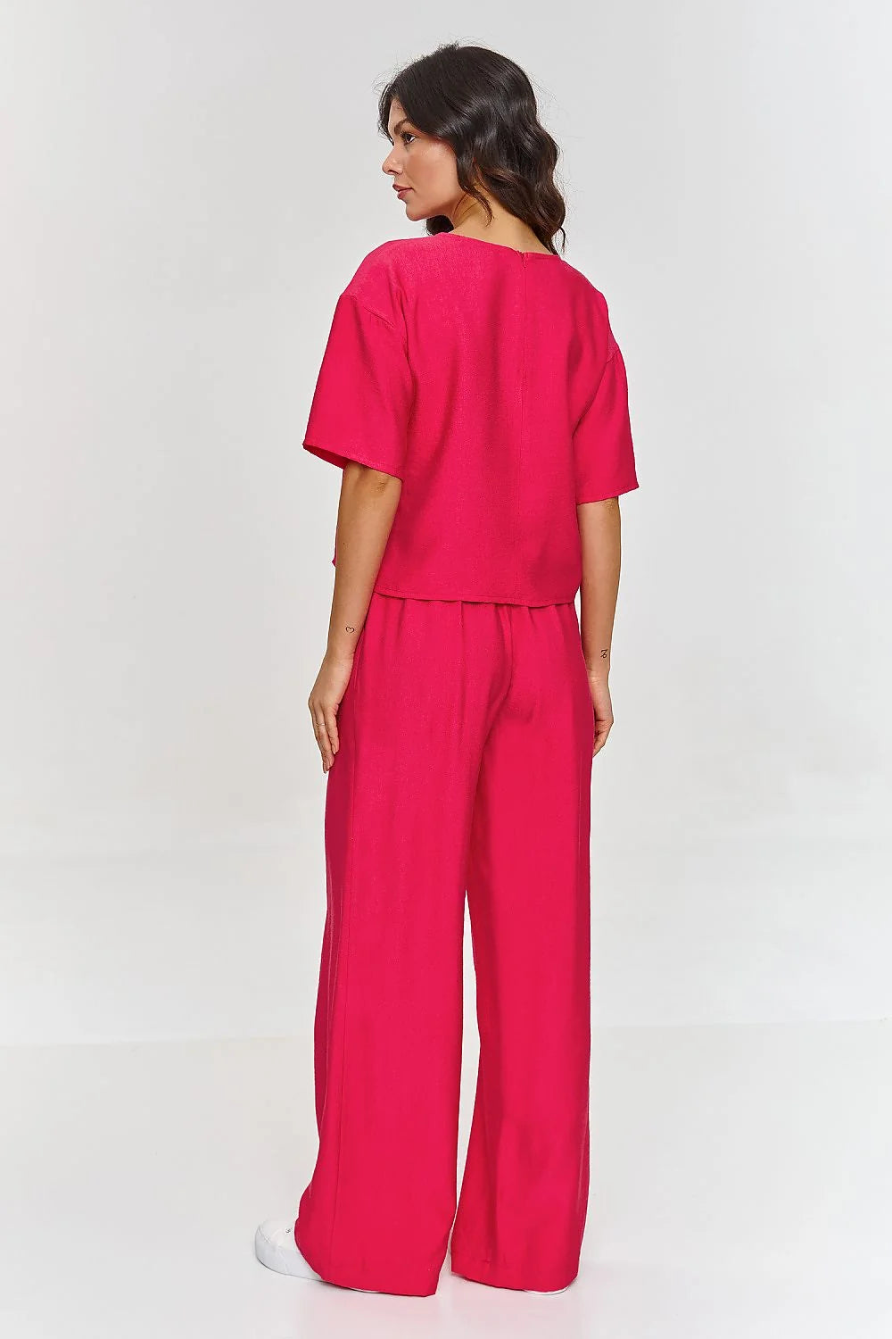 Ensemble Makadamia féminin printemps été rose vif coupe moderne chemisier ample pantalon large taille élastiquée femme