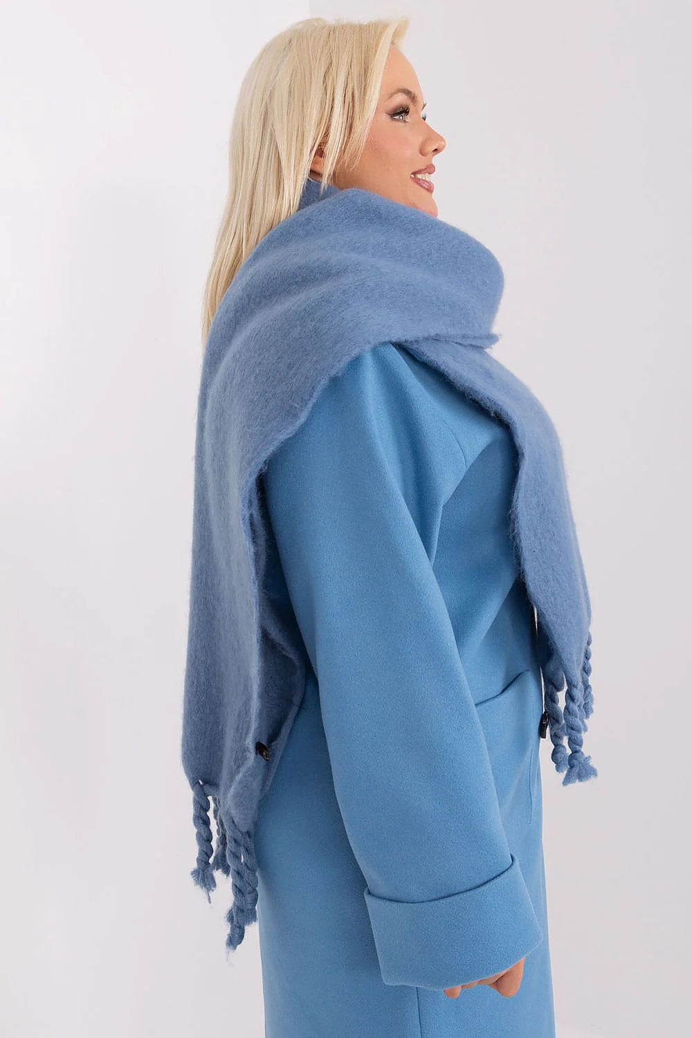 Ensemble veste écharpe design mode femme coupe droite ample laine mélange bleu ciel doux