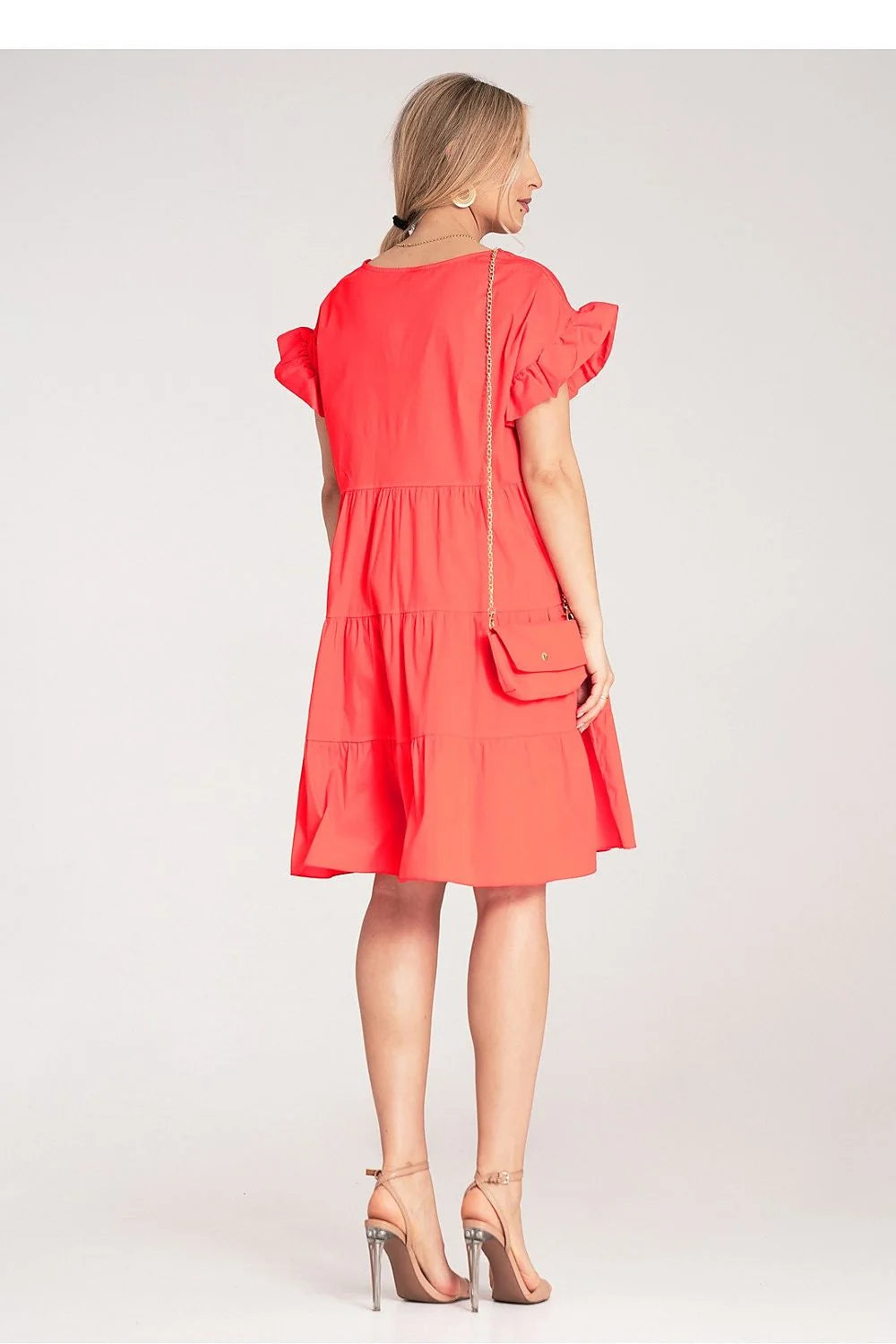Robe de jour estivale mini à volants évasée couleur corail en coton 98% elastane 2% pour femme élégante occasion décontractée ou semi-formelle