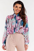 Chemise femme manches longues motif tropical couleurs vives polyester 100% coupe ample poignets boutonnés
