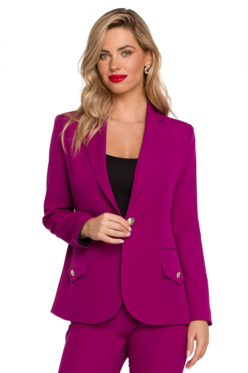 Blazer femme élégant couleur fuchsia vif coupe ajustée épaulettes discrètes col à revers cranté boutons dorés polyester 95% elasthanne 5% Makover