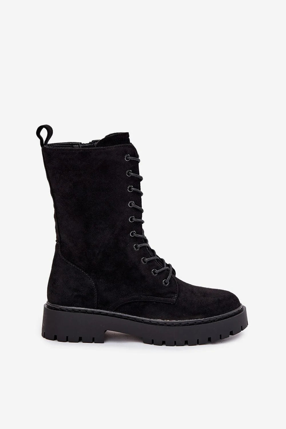 bottines femme workery suédine écologique noire montantes mi mollet bout arrondi laçage œillets métalliques semelle crantée caoutchouc antidérapante