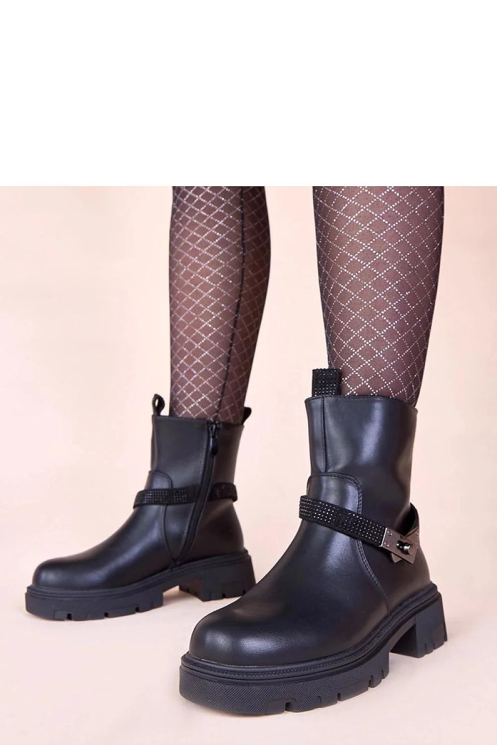 bottines noires Gemre Nathe plateforme zircons cuir synthétique semelle crantée mi cheville bride cloutée boucle métallique fermeture éclair confortables durables